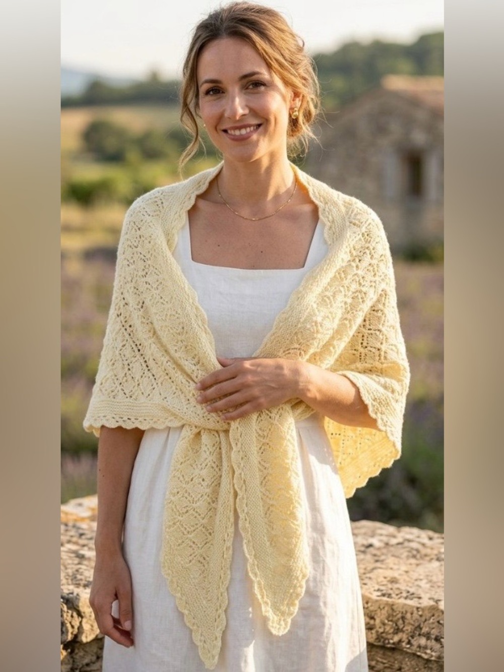 Hand-Knitted Pastel Yellow Cardigan Wrap - Large Vintage Shawl